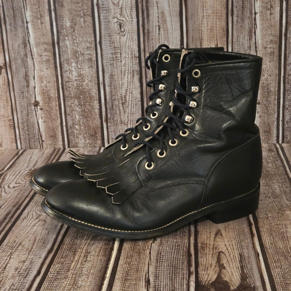 Sz 5‎ D Justin 506Y Kiltie Black Leather Lace Up Western Boots VGUC!